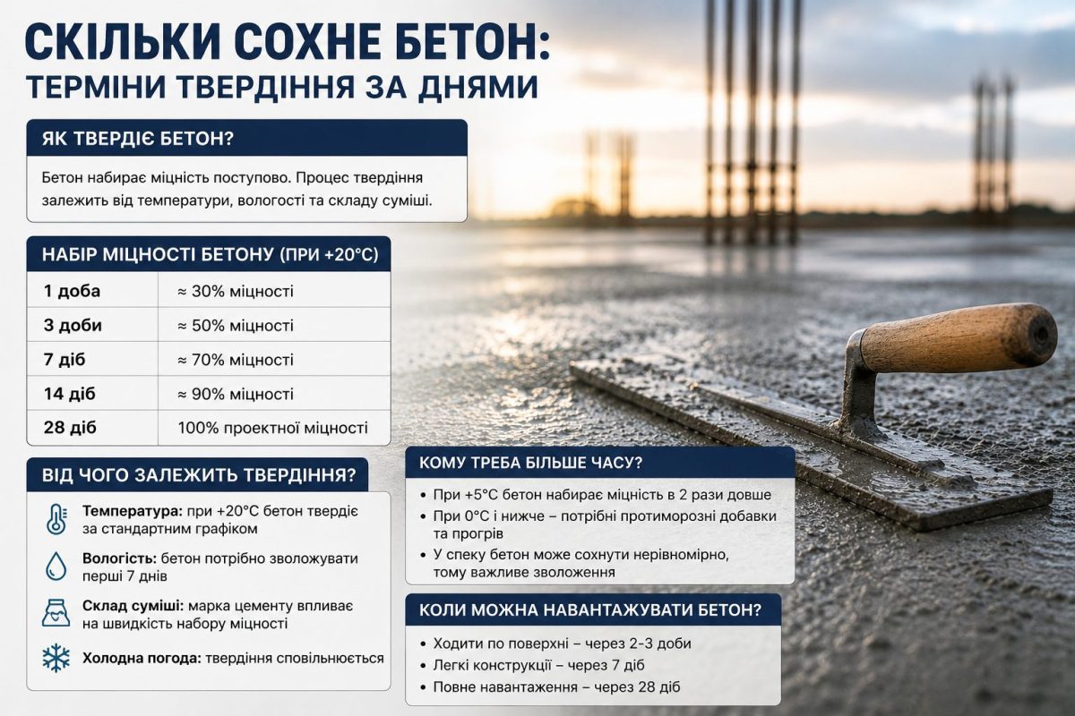 Скільки сохне бетон: таблиця термінів по марках, температурі та конструкціях