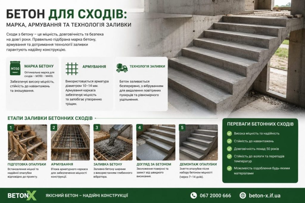 Бетон для сходів: яка марка, армування та технологія заливки